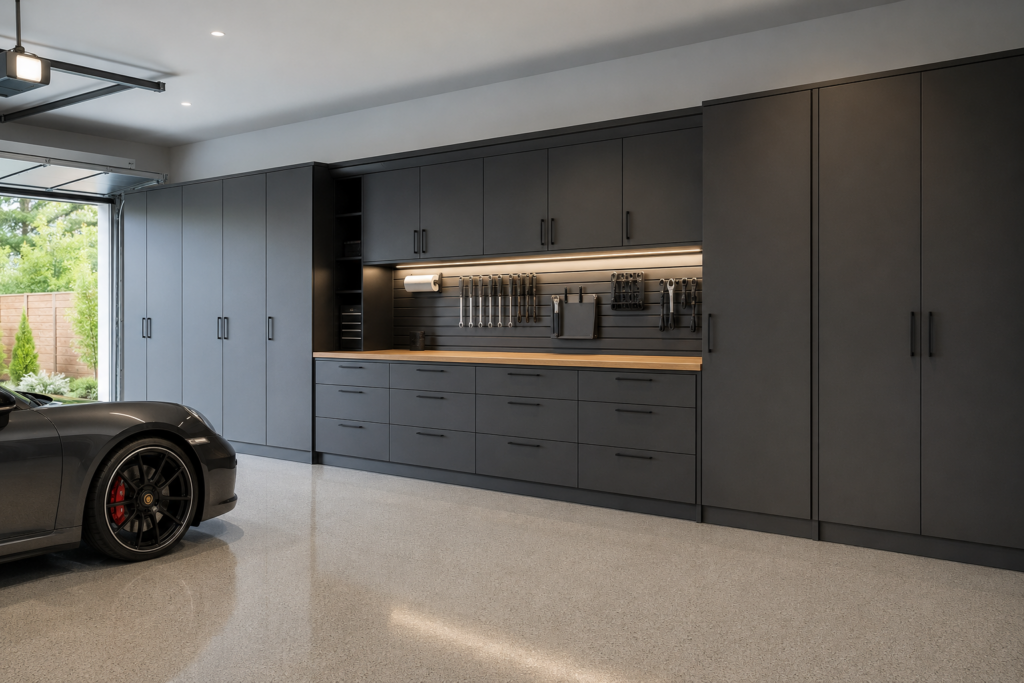 custom garage cabinets and built-in storage in a Kitsap County, WA garage