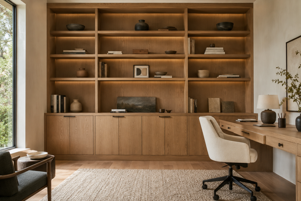 Home office workspace with wood cabinetry and desk, home office built-ins Kitsap County WA