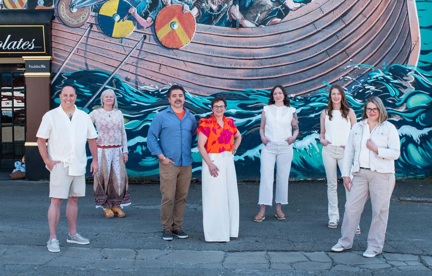 The Bluefoot Architecture & Design team in front of the Viking ship mural in downtown Poulsbo, WA